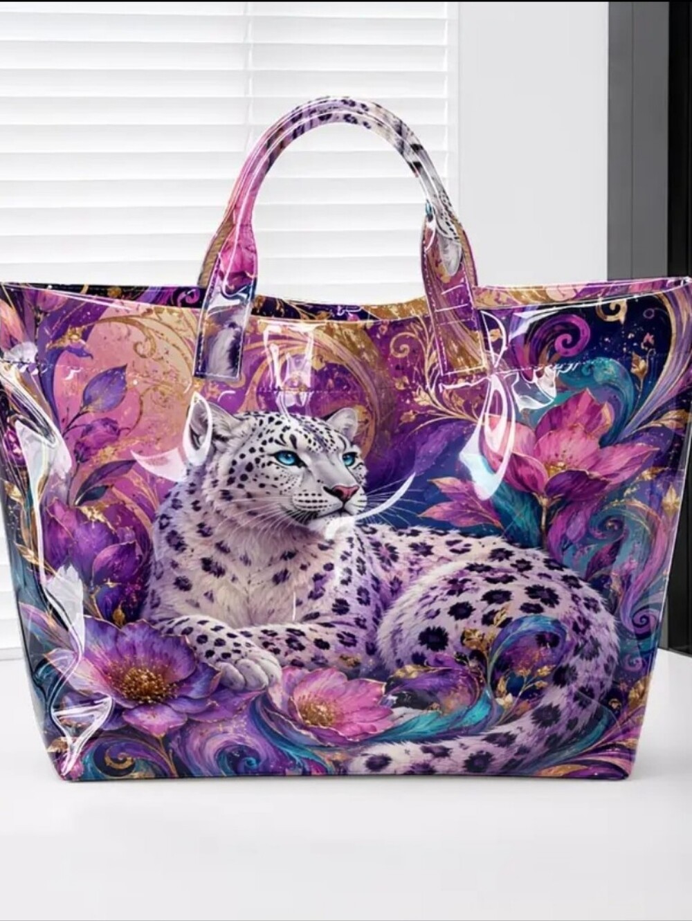 Women Beautiful Snow Leopard PVC Tote Daily Commute Hand Bag Large - Picture 9 of 9